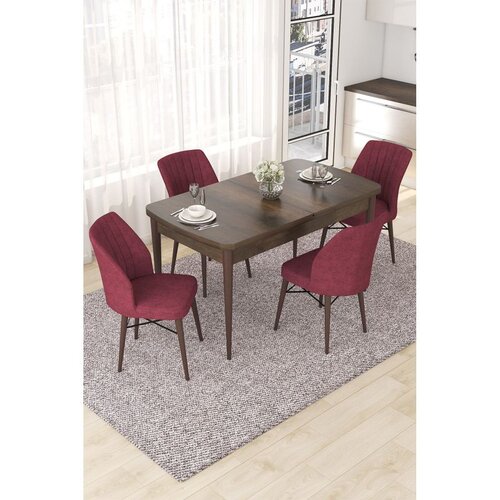 Hanah home trpezarijski set Nef, sto na razvlačenje i 4 stolice, ploča u dekoru drveta Baroque, bordo tkanina Jerry Cene