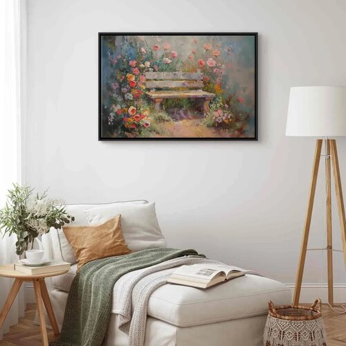  Slika - Flowery bench - impressionist painting full of flowers 60x40 U crnom drvenom okviru Cijene