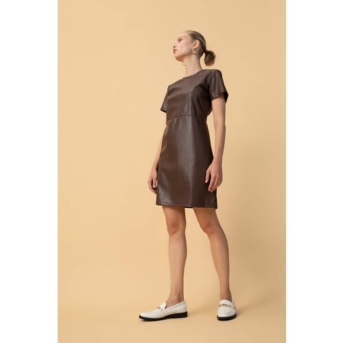 Defacto A Cut Crew Neck Faux Leather Mini Short Sleeve Knitted Dress Slike
