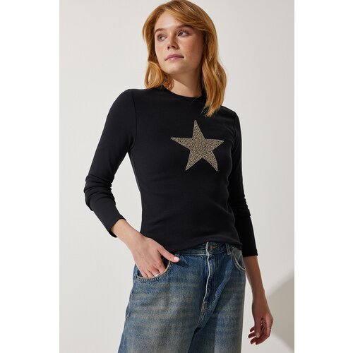 Happiness İstanbul women's black star printed knitted blouse Cene