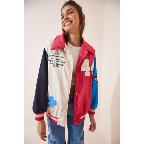 Happiness İstanbul Women's Cream Pink Embroidered Crest Bomber Coat Slike