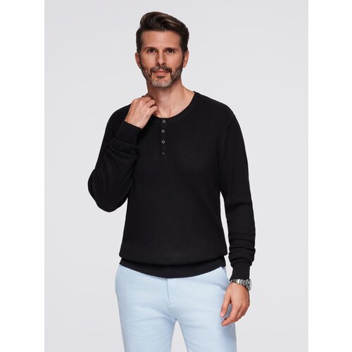 Ombre Men&amp;#039;s ribbed sweater with buttons at the neckline - black Slike