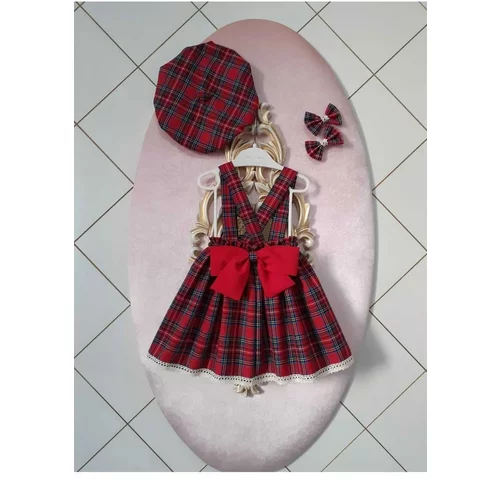 Dewberry N7995 Baby Plaid Salopette Dress & Hat & Buckle Set-RED