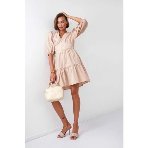 Fasardi Waisted dress with puff sleeves beige