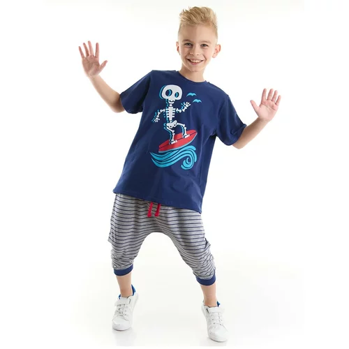 Mushi Wave Surfing Boys Children's Navy Blue T-shirt with Striped Capri Shorts Set