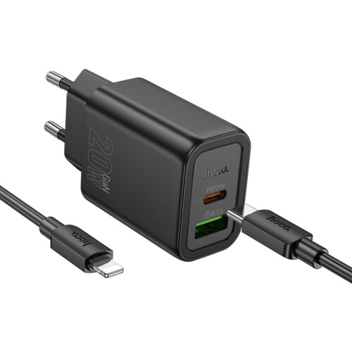 Hoco. polnilec N61 GaN PD 20W USB-A, Type C s kablom Type C na Lightning - črn Slike