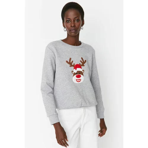 Trendyol Gray Melange Embroidered Basic Thick Fleece Knitted Sweatshirt