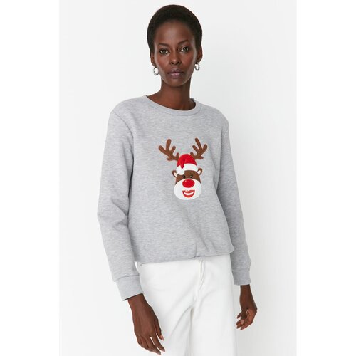 Trendyol Gray Melange Embroidered Basic Thick Fleece Knitted Sweatshirt Slike