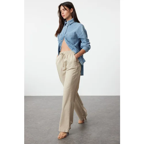 Trendyol Mink Linen Blend High Waist Wide Leg Trousers