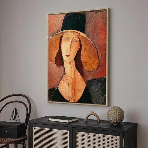  Slika - Amedeo Modigliani &amp;ndash; Portrait of Jeanne Hebuterne in a Large Hat 60x90 U prirodnom drvenom okviru Slike