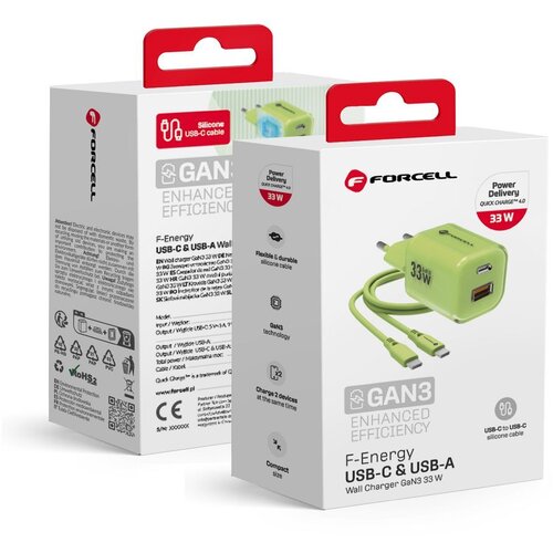  FORCELL F-ENERGY Crystal Color GaN III VT-41 putni punjač sa silikonskim kablom sa 1 x Type C + 1x USB A utičnicama. PD QC4.0 33W zeleni Cene