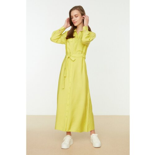 Trendyol Yellow Waist Elastic Belted Pocket Detailed Woven Dress Slike
