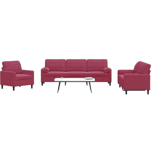 vidaXL 3-dijelni set sofa s jastucima crvena boja vina baršunasti