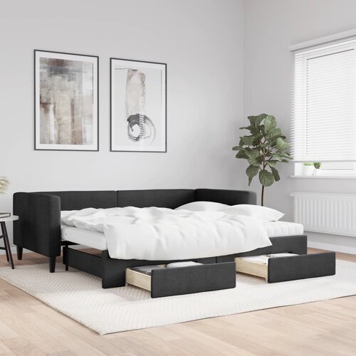 VidaXL Izvlečna dnevna postelja s predali črna 90x200 cm blago Slike