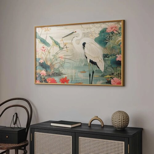  Plakat - Over the Asian Pond - illustration in the Japanese print style featuring a heron 90x60 Zlatni okvir Slike