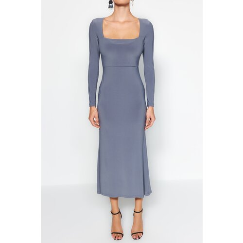 Trendyol Dark Gray Ruffles Square Neckline Fitted/Slipped Maxi Stretch Knit Dress Slike