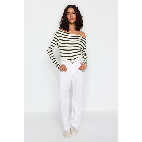 Trendyol Khaki White Striped Premium Soft Fabric Fitted Boat Neck Flexible Knitted Blouse Slike