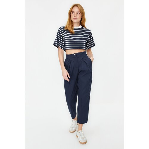 Trendyol Navy Blue Cotton Carrot Pattern Stripe Detailed Woven Trousers Slike