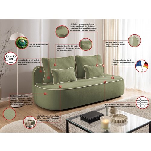 Ropez Kaki zelena/bež bar&amp;scaron;unasti sklopiva/s prostorom za odlaganje sofa 210 cm Saga &amp;ndash; Slike
