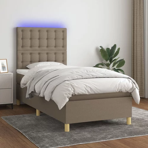  Krevet box spring s madracem LED smeđesivi 90x190 cm tkanina