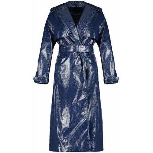 Trendyol Navy Blue Oversize Wide Cut Patent Leather Trench Coat Cene