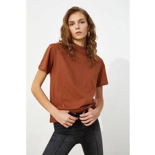 Trendyol Brown Stand Up Collar Basic Knitted T-Shirt