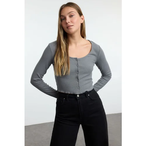 Trendyol Grey Fitted/Body-Sit Pool Neck Flexible Knitted Blouse