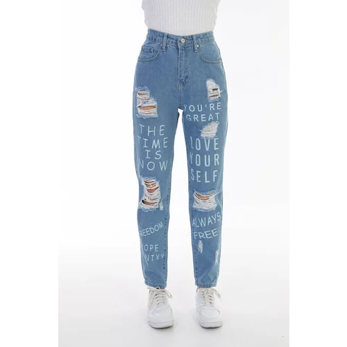 BİKELİFE Blue Ripped Detailed High Waist Mom Women's Jeans