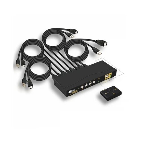  hdmi kvm usb svič CKL-64HUA-1A 4 ports hdmi 1.4a compliant up to 4096&amp;times;2160@ 60Hz dci 4K (4K x 2K), audio, usb 2.0 hub, svič mode: push button / hotkey / mouse / wire remote, sa 4 kvm kabla 1.5m, žični upravljač Slike