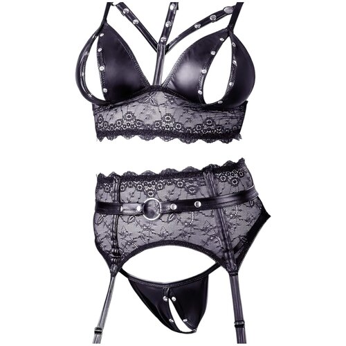 Cottelli Bondage - Komplet perila s čipko in sijajem ter okovi za roke (črn) - XL Slike
