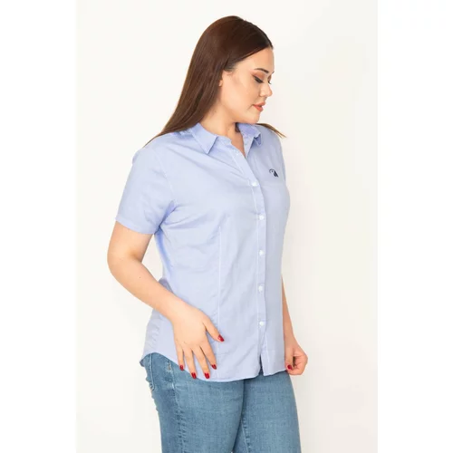 Şans Women's Plus Size Blue Front Buttoned Short Sleeve Shirt