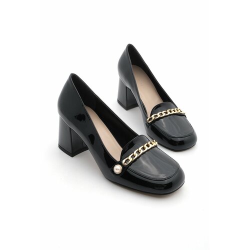 Marjin Women's Chunky Heel Chain Flat Toe Classic Heel Shoes Makros Black Patent Leather Slike