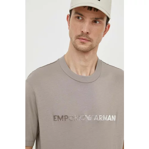 Emporio Armani Pamučna majica za muškarce, boja: bež, s aplikacijom