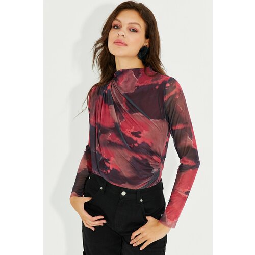 Cool & Sexy Women's Burgundy Shirred Lined Tulle Blouse Slike