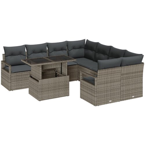 vidaXL 9-delni vrtni set sofa z blazinami siva poli ratan, 2-sedežna vrtna sofa z blazinami siva poli ratan Cene