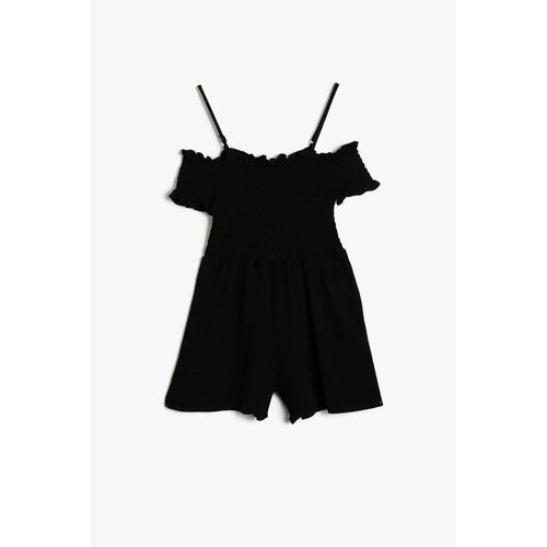 Koton Girl&amp;#039;s Black Thin-Flowy Textured Fabric Open Shoulder Strap Short Shorts Jumpsuit Slike