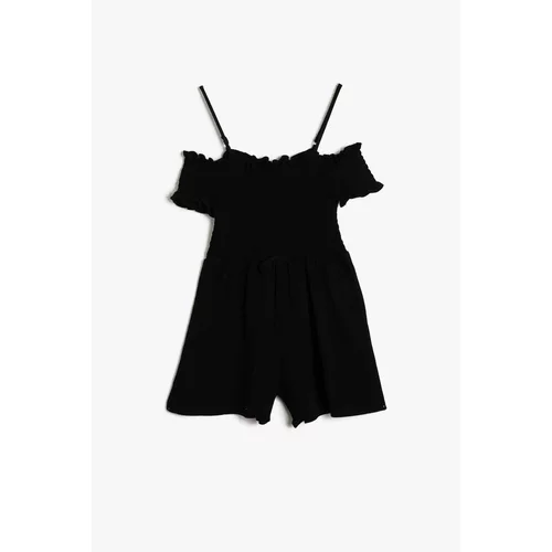 Koton Girl's Black Thin-Flowy Textured Fabric Open Shoulder Strap Short Shorts Jumpsuit