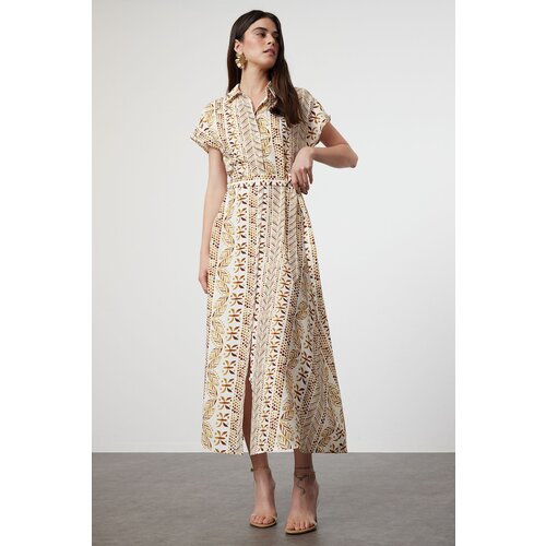 Trendyol White Belted Ethnic Patterned Midi Woven Shirt Dress Slike