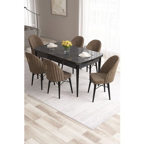 Hanah home Roz - Black Marble, Brown Black MarbleBrown Extendable Dining Table & Chairs Set (7 Pieces) Cene