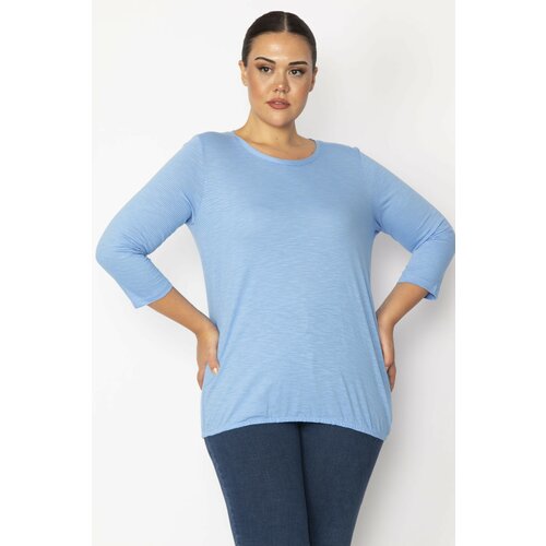 Şans Women's Plus Size Blue Hem Elastic Detailed Capri Sleeve Pinstripe Blouse Slike