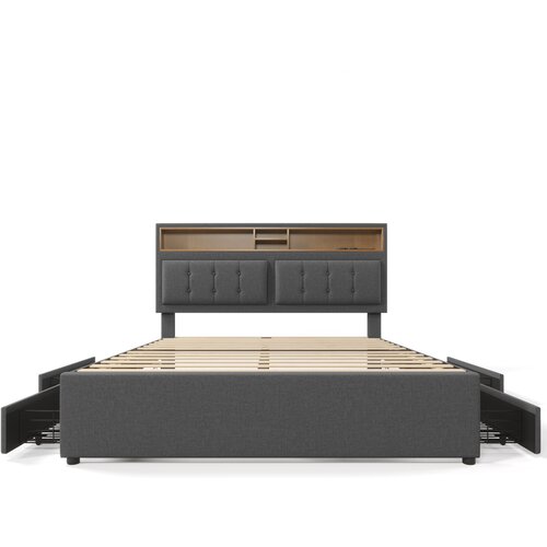 Lumor Oblazinjena postelja za odrasle z 4 predali in USB-polnilnikom – 140x200 cm – laneno blago – siva, (22151140) Cene
