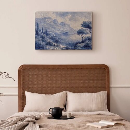  Slika - Blue Bay - Italian landscape of Lake Como painted with blue ink 90x60 Na talijanskom platnu Slike
