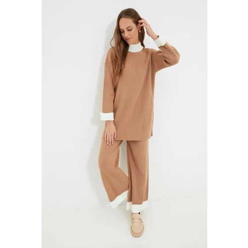 Trendyol Camel Stand Up Collar Knitwear Bottom-Top Suit