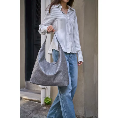 Madamra Gray Women's Knitted Patterned Bottega Leather Shoulder Bag