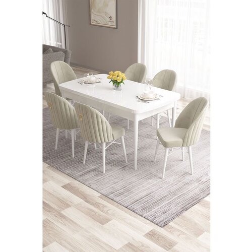 Hanah home Roz - White, Cream WhiteCream Extendable Dining Table & Chairs Set (7 Pieces) Cene