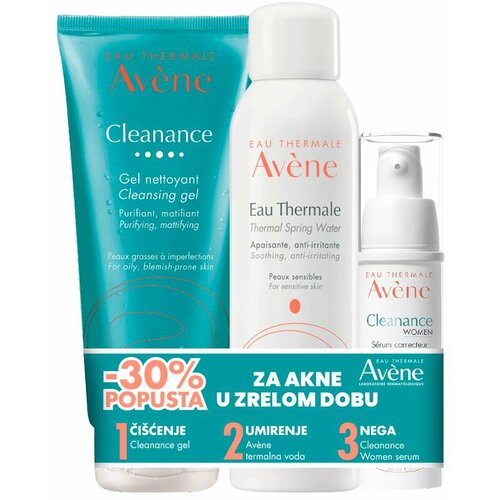 Avene cleanance women serum, 30 ml + termalna voda, 50 ml + cleanance gel, 200 ml promo Slike