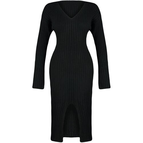 Trendyol Black Midi Knitwear V-Neck Dress Cene