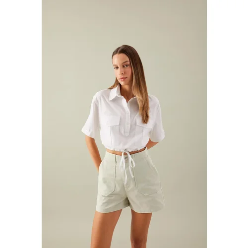 Defacto Crop Shirt Collar Linen Blend Short Sleeve Blouse