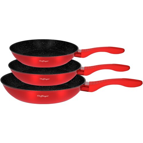 Cheffinger set 3 ponev s protilepljivim marmornim premazom in antibakterijsko plastjo, rde?a / ?rna, (21553011) Slike