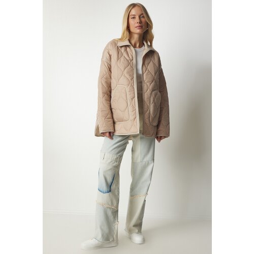  Women&amp;#039;s Cream Pocket Turtleneck Quilted Coat Slike